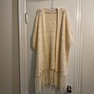 Anthropologie Do Everything in Love Cream Crochet Fringe Shawl Sweater One Size